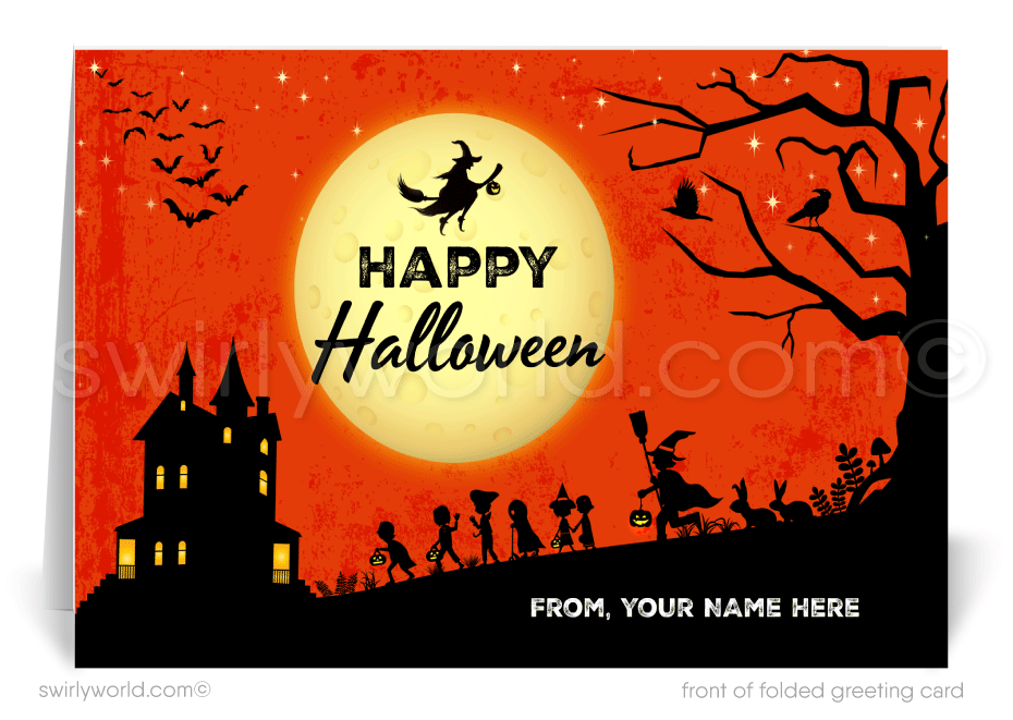 Whimsical Haunted "Trick or Treat" Printed Halloween Greeting Cards for Business Clients