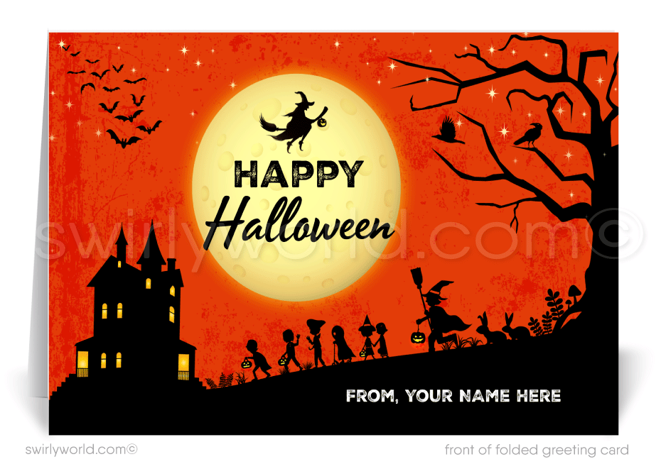 Enchant your clients with Swirly World's Whimsical Digital Halloween Greeting Card. Featuring a spooky haunted house and playful trick-or-treaters under a moonlit sky, this card is perfect for sending festive Halloween wishes. Printed versions with matching envelopes also available!