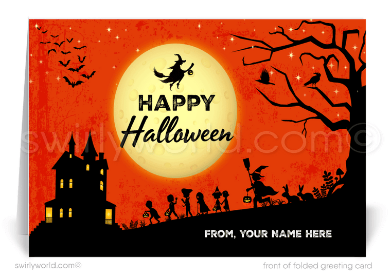 Enchant your clients with Swirly World's Whimsical Digital Halloween Greeting Card. Featuring a spooky haunted house and playful trick-or-treaters under a moonlit sky, this card is perfect for sending festive Halloween wishes. Printed versions with matching envelopes also available!