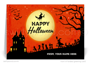 Enchant your clients with Swirly World's Whimsical Haunted House Halloween Greeting Card. Featuring playful trick-or-treaters and a spooky moonlit backdrop, this card is perfect for expressing Halloween wishes and strengthening business relationships. Customizable envelopes available for a personal touch!