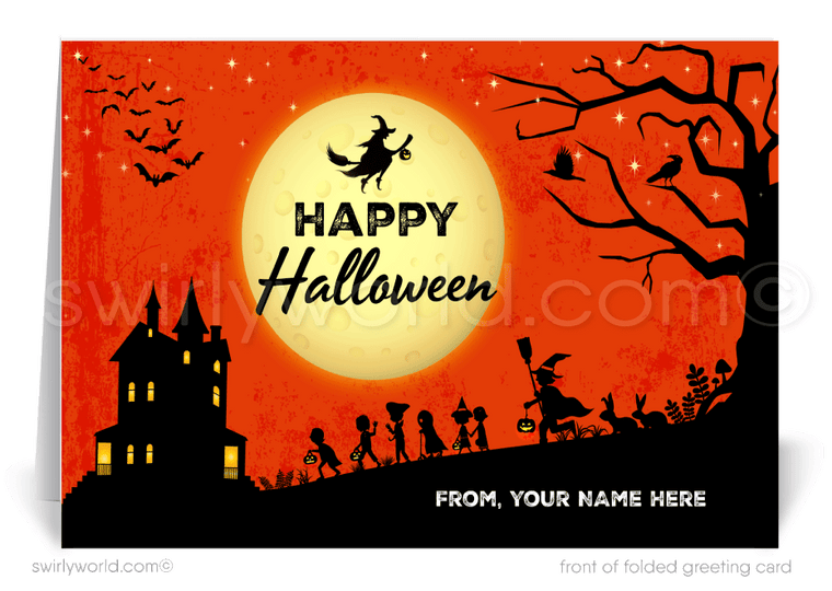 Whimsical Haunted "Trick or Treat" Printed Halloween Greeting Cards for Business Clients