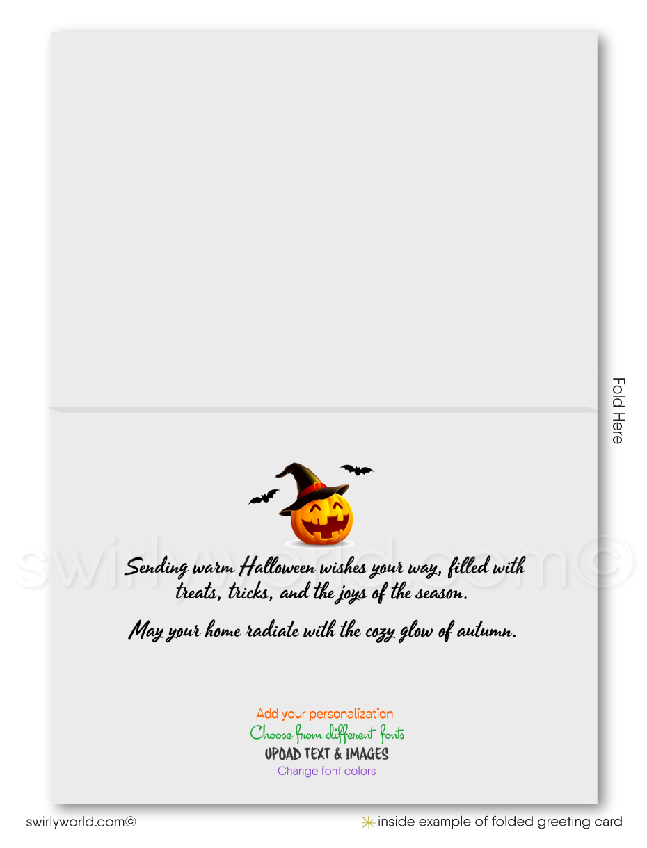 Celebrate Halloween with Swirly World's charming realtor-themed greeting card, featuring a whimsical haunted house and a playful witch flying across a moonlit sky. Perfect for delighting clients and expressing appreciation. Available with custom envelope options to elevate your real estate connections.