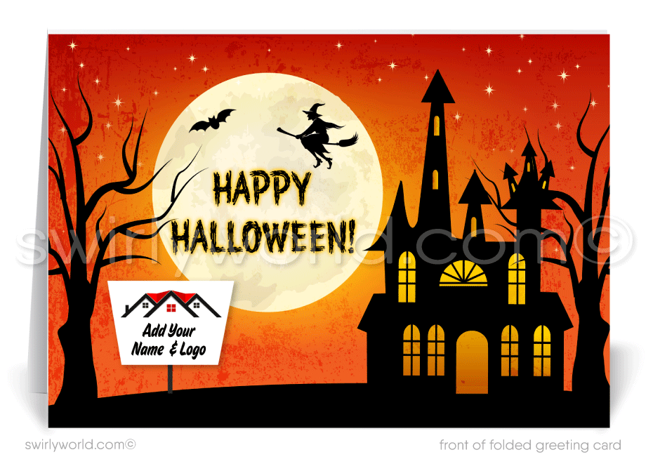 Celebrate Halloween with Swirly World's charming realtor-themed greeting card, featuring a whimsical haunted house and a playful witch flying across a moonlit sky. Perfect for delighting clients and expressing appreciation. Available with custom envelope options to elevate your real estate connections.