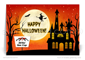 Celebrate Halloween with Swirly World's charming realtor-themed greeting card, featuring a whimsical haunted house and a playful witch flying across a moonlit sky. Perfect for delighting clients and expressing appreciation. Available with custom envelope options to elevate your real estate connections.