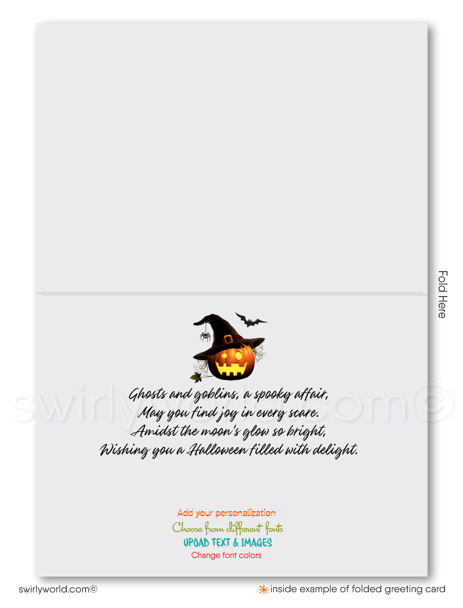 Enchant your clients with Swirly World's Realtor-Themed Halloween Greeting Card. Featuring haunted houses spelling "HALLOWEEN," glowing Jack-o'-Lanterns, and soaring bats, this unique card is perfect for expressing appreciation and strengthening client relationships. Customizable envelopes available!