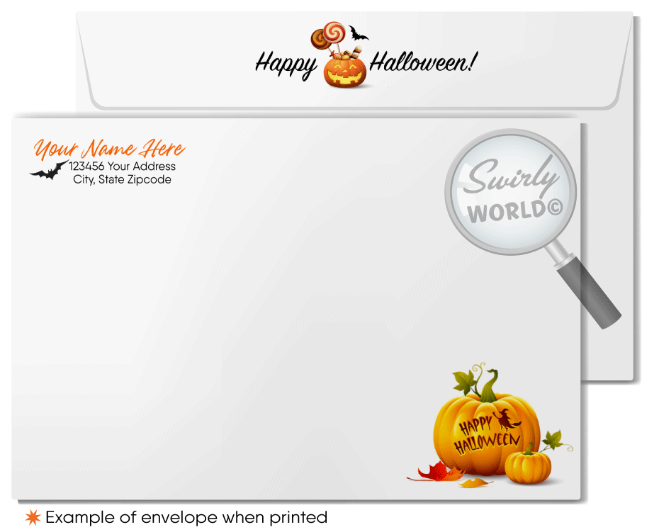 Enchant your clients with Swirly World's Realtor-Themed Halloween Greeting Card. Featuring haunted houses spelling "HALLOWEEN," glowing Jack-o'-Lanterns, and soaring bats, this unique card is perfect for expressing appreciation and strengthening client relationships. Customizable envelopes available!