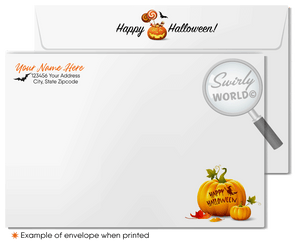 Enchant your clients with Swirly World's Realtor-Themed Halloween Greeting Card. Featuring haunted houses spelling "HALLOWEEN," glowing Jack-o'-Lanterns, and soaring bats, this unique card is perfect for expressing appreciation and strengthening client relationships. Customizable envelopes available!