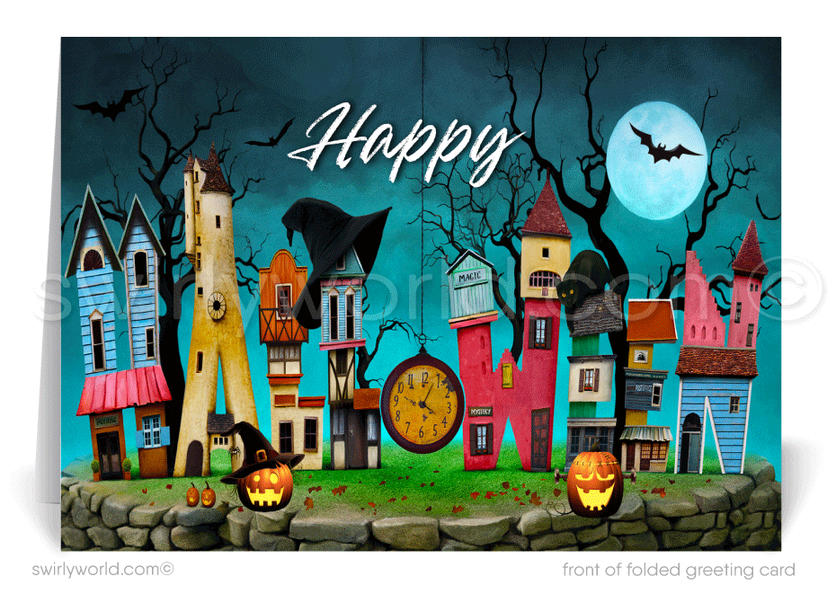 Enchant your clients with Swirly World's Realtor-Themed Halloween Greeting Card. Featuring haunted houses spelling "HALLOWEEN," glowing Jack-o'-Lanterns, and soaring bats, this unique card is perfect for expressing appreciation and strengthening client relationships. Customizable envelopes available!