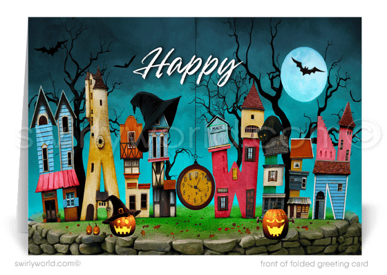 Enchant your clients with Swirly World's Realtor-Themed Halloween Greeting Card. Featuring haunted houses spelling "HALLOWEEN," glowing Jack-o'-Lanterns, and soaring bats, this unique card is perfect for expressing appreciation and strengthening client relationships. Customizable envelopes available!