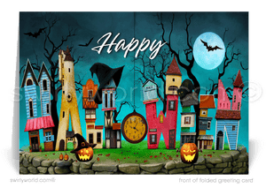 Enchant your clients with Swirly World's Realtor-Themed Halloween Greeting Card. Featuring haunted houses spelling "HALLOWEEN," glowing Jack-o'-Lanterns, and soaring bats, this unique card is perfect for expressing appreciation and strengthening client relationships. Customizable envelopes available!
