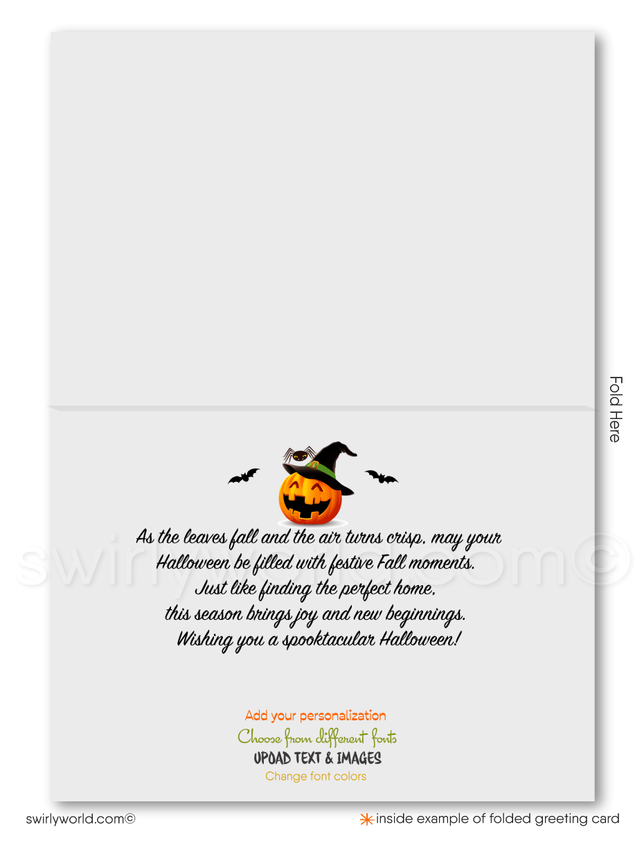 Enchant your clients with Swirly World's Realtor-Themed Halloween Greeting Card. Featuring a charming haunted house, pumpkins, bats, and friendly ghosts against an autumn backdrop, this card is perfect for sharing warm Halloween wishes and strengthening business connections. Customizable envelopes available!