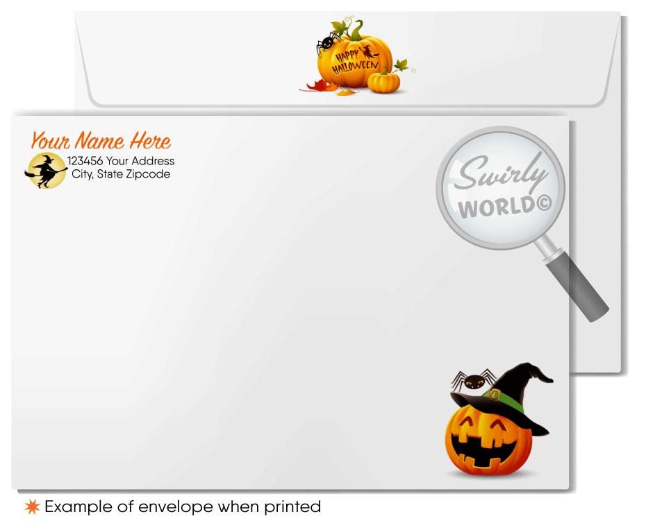 Enchant your clients with Swirly World's Realtor-Themed Halloween Greeting Card. Featuring a charming haunted house, pumpkins, bats, and friendly ghosts against an autumn backdrop, this card is perfect for sharing warm Halloween wishes and strengthening business connections. Customizable envelopes available!