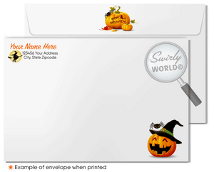 Enchant your clients with Swirly World's Realtor-Themed Halloween Greeting Card. Featuring a charming haunted house, pumpkins, bats, and friendly ghosts against an autumn backdrop, this card is perfect for sharing warm Halloween wishes and strengthening business connections. Customizable envelopes available!