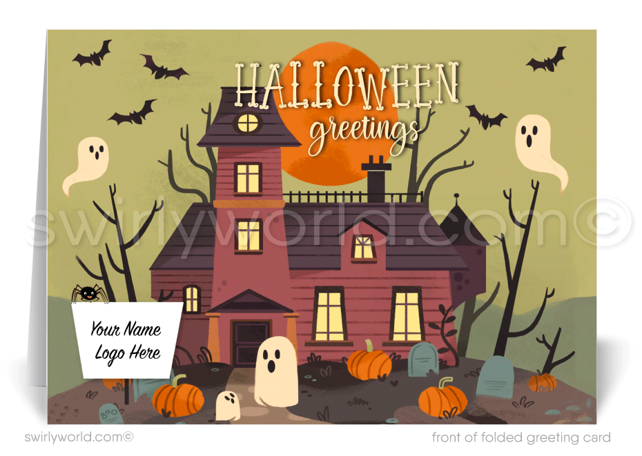 Enchant your clients with Swirly World's Realtor-Themed Halloween Greeting Card. Featuring a charming haunted house, pumpkins, bats, and friendly ghosts against an autumn backdrop, this card is perfect for sharing warm Halloween wishes and strengthening business connections. Customizable envelopes available!