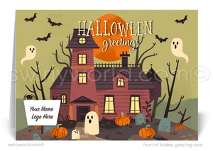Enchant your clients with Swirly World's Realtor-Themed Halloween Greeting Card. Featuring a charming haunted house, pumpkins, bats, and friendly ghosts against an autumn backdrop, this card is perfect for sharing warm Halloween wishes and strengthening business connections. Customizable envelopes available!