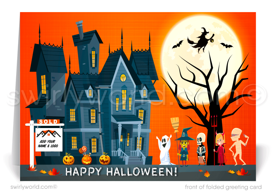 Cute Haunted House Trick or Treat Printed Halloween Cards from your Neighborhood Realtor®