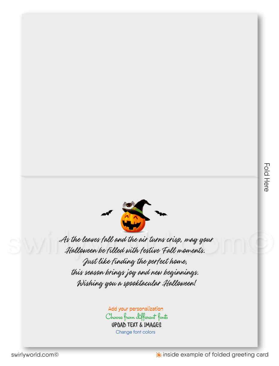 Enchant your clients with Swirly World's Realtor-Themed Halloween Greeting Card. Featuring a haunted house with Jack-O'-Lanterns, bats, and ghosts against an orange moonlit sky, this card is perfect for showcasing your appreciation and commitment. Customizable envelopes available for a personal touch!