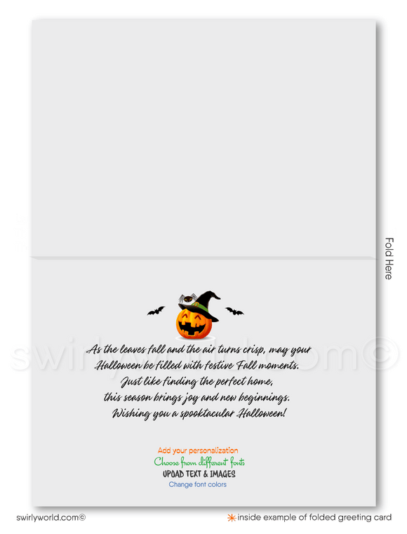 Add Halloween magic to your client relationships with Swirly World's Realtor-Themed Digital Greeting Card. Featuring a haunted house, Jack-O'-Lanterns, bats, and ghosts against an orange moonlit backdrop, this card is perfect for showcasing your appreciation and festive spirit. Printed versions available too!