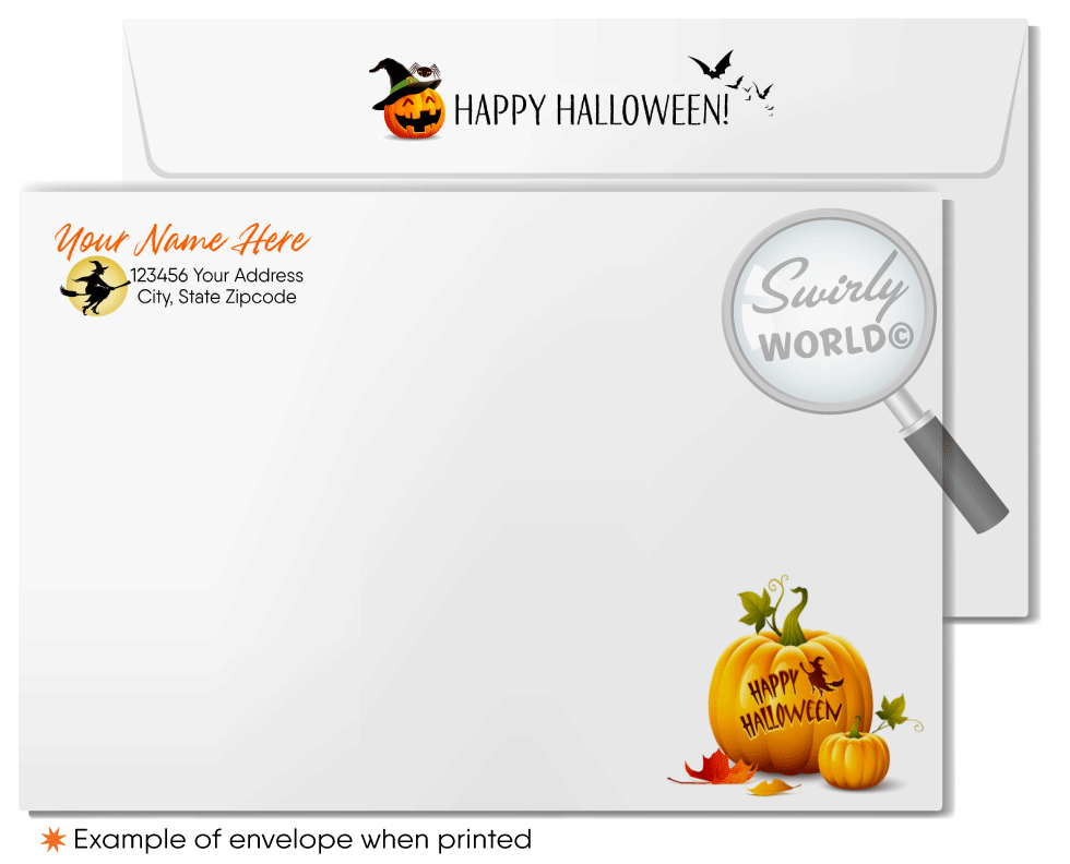 Enchant your clients with Swirly World's Realtor-Themed Halloween Greeting Card. Featuring a haunted house with Jack-O'-Lanterns, bats, and ghosts against an orange moonlit sky, this card is perfect for showcasing your appreciation and commitment. Customizable envelopes available for a personal touch!