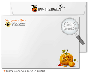 Enchant your clients with Swirly World's Realtor-Themed Halloween Greeting Card. Featuring a haunted house with Jack-O'-Lanterns, bats, and ghosts against an orange moonlit sky, this card is perfect for showcasing your appreciation and commitment. Customizable envelopes available for a personal touch!