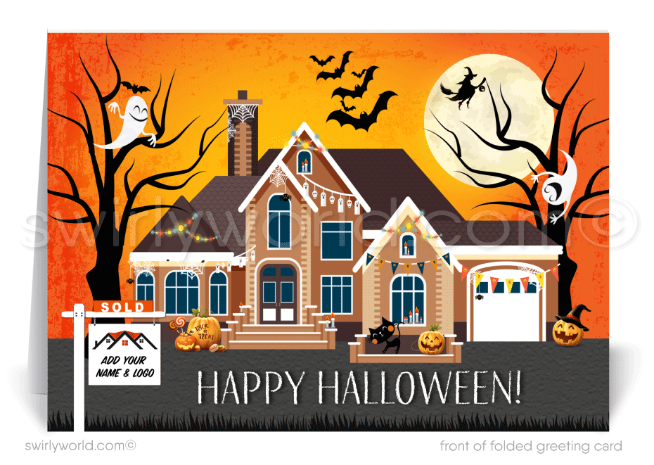 Add Halloween magic to your client relationships with Swirly World's Realtor-Themed Digital Greeting Card. Featuring a haunted house, Jack-O'-Lanterns, bats, and ghosts against an orange moonlit backdrop, this card is perfect for showcasing your appreciation and festive spirit. Printed versions available too!