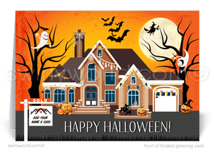 Add Halloween magic to your client relationships with Swirly World's Realtor-Themed Digital Greeting Card. Featuring a haunted house, Jack-O'-Lanterns, bats, and ghosts against an orange moonlit backdrop, this card is perfect for showcasing your appreciation and festive spirit. Printed versions available too!