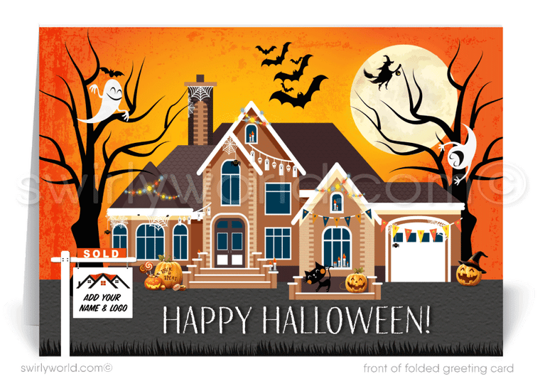 Add Halloween magic to your client relationships with Swirly World's Realtor-Themed Digital Greeting Card. Featuring a haunted house, Jack-O'-Lanterns, bats, and ghosts against an orange moonlit backdrop, this card is perfect for showcasing your appreciation and festive spirit. Printed versions available too!
