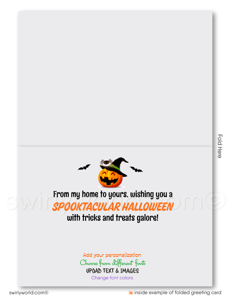Capture Halloween magic with Swirly World's Realtor-Themed Greeting Card. Featuring a charming pumpkin-shaped house against an orange moonlit backdrop, this card is perfect for sending warm wishes to clients. Customizable envelopes available for a personalized touch!