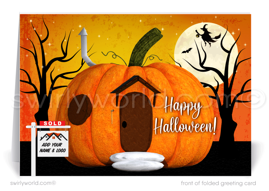 Cute Pumpkin House Home Client Happy Halloween Greeting Cards from your Realtor®