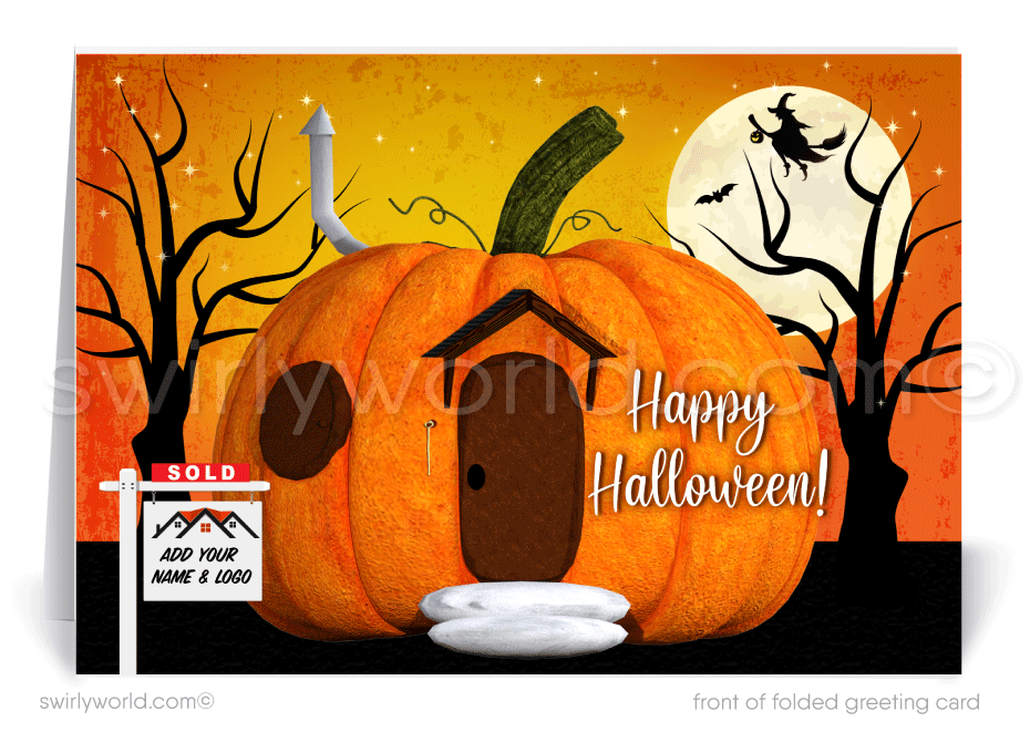 Capture Halloween magic with Swirly World's Realtor-Themed Greeting Card. Featuring a charming pumpkin-shaped house against an orange moonlit backdrop, this card is perfect for sending warm wishes to clients. Customizable envelopes available for a personalized touch!