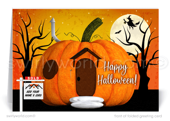 Cute Pumpkin House Home Client Happy Halloween Greeting Cards from your Realtor®