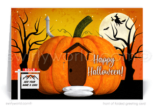 Capture Halloween magic with Swirly World's Realtor-Themed Greeting Card. Featuring a charming pumpkin-shaped house against an orange moonlit backdrop, this card is perfect for sending warm wishes to clients. Customizable envelopes available for a personalized touch!