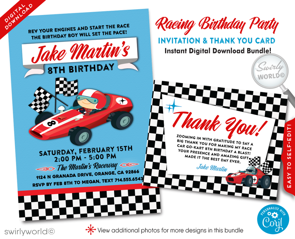 Rev up the excitement for your little speedster's birthday with our Vintage Retro Race Car Drag Racer Birthday Invitation Digital Download.