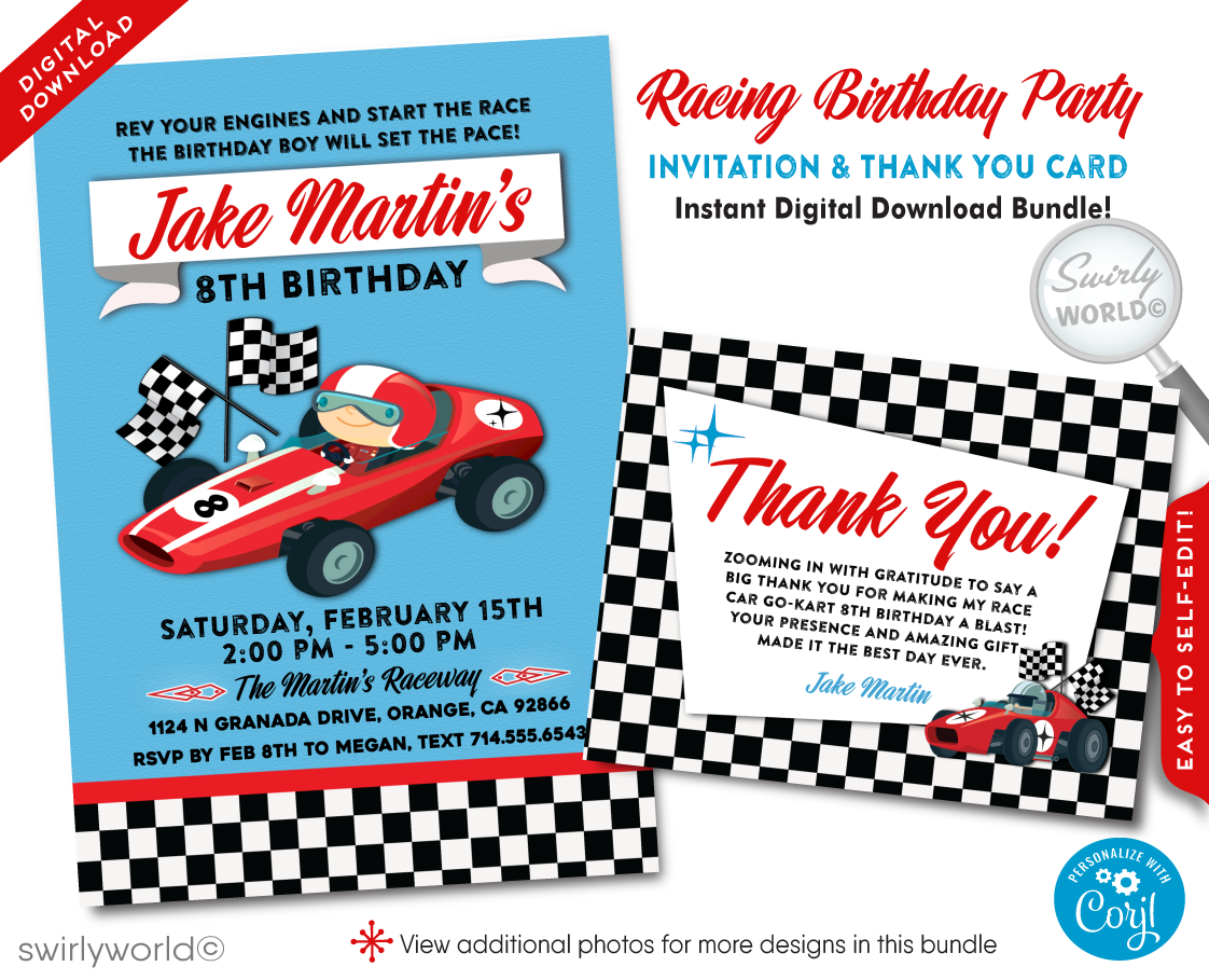 Rev up the excitement for your little speedster's birthday with our Vintage Retro Race Car Drag Racer Birthday Invitation Digital Download.