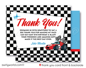 Retro Red Race Car Retro Drag Racer Checkered Flags Boy's Birthday Printed thank you card Invite Set