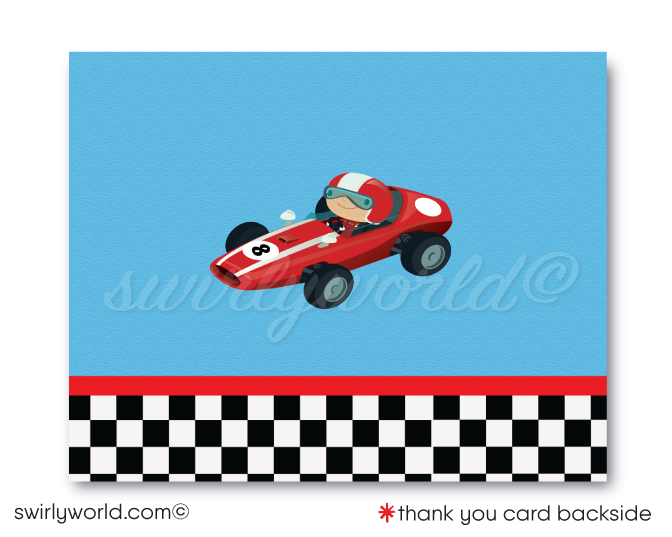 Retro Red Race Car Retro Drag Racer Checkered Flags Boy's Birthday Printed thank you card Invite Set