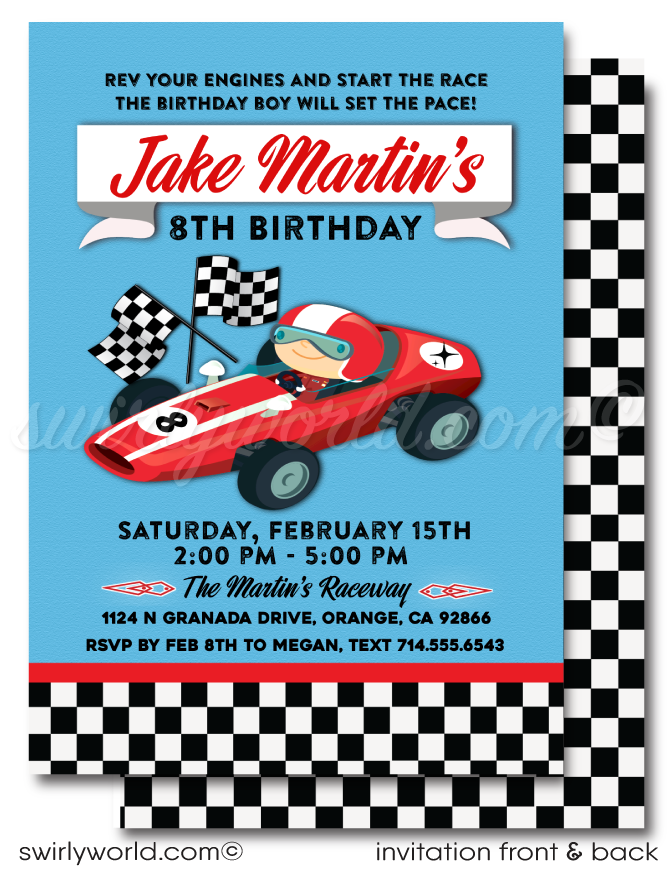 Retro Red Race Car Retro Drag Racer Checkered Flags Boy's Birthday Printed Invite Set