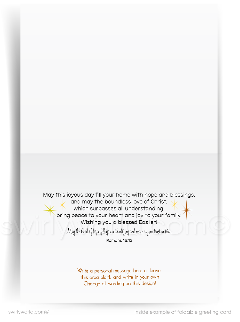 Mid-century modern Easter card featuring a bold cross silhouetted against a sunset sky with “He is Risen.” A meaningful design perfect for faith-filled greetings.