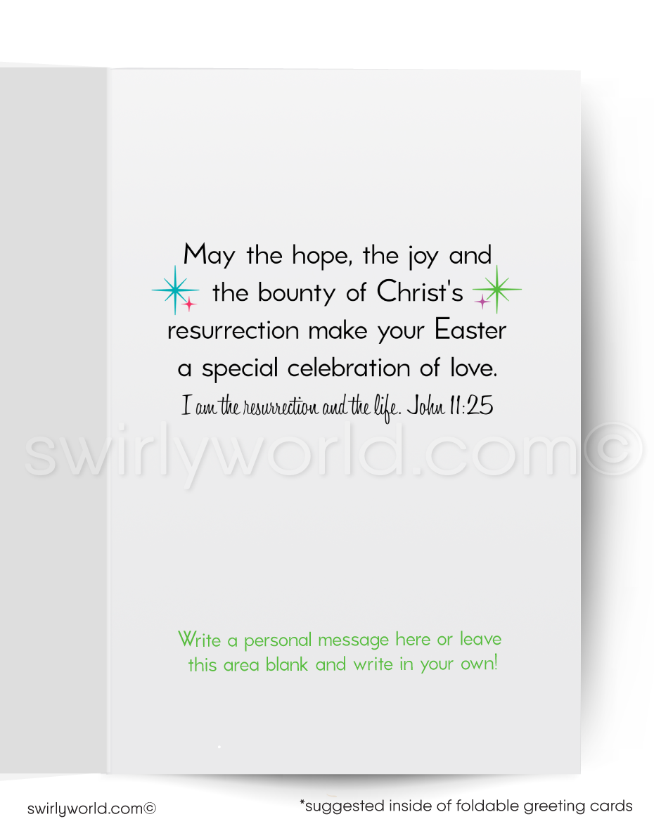 Striking Easter card with three colorful stained-glass-style crosses on a black backdrop. Features “Easter Blessings” in retro MCM style. A message of hope & faith.