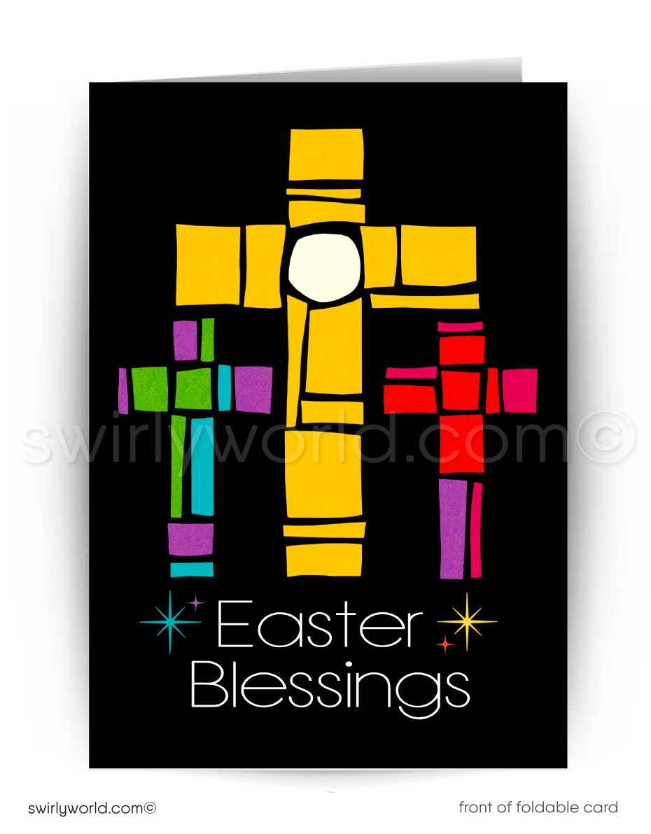 Striking Easter card with three colorful stained-glass-style crosses on a black backdrop. Features “Easter Blessings” in retro MCM style. A message of hope & faith.