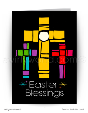 Striking Easter card with three colorful stained-glass-style crosses on a black backdrop. Features “Easter Blessings” in retro MCM style. A message of hope & faith.