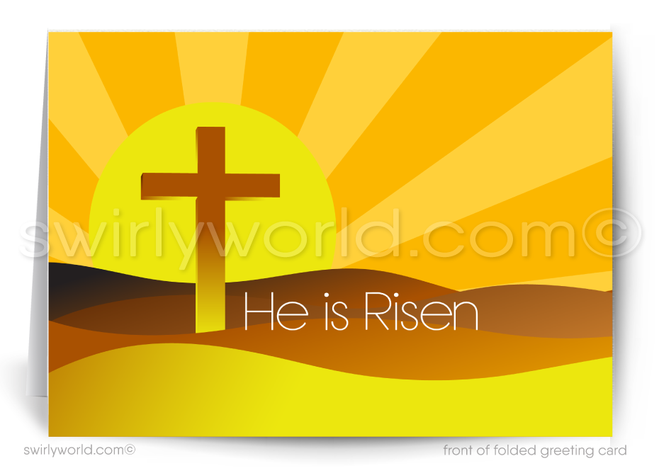 Mid-century modern Easter card featuring a bold cross silhouetted against a sunset sky with “He is Risen.” A meaningful design perfect for faith-filled greetings.