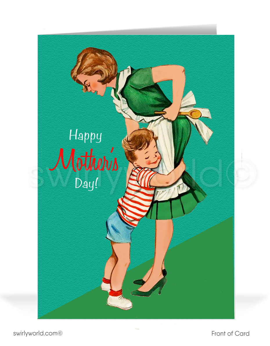 Celebrate Mother's Day with a touch of nostalgia with our exclusive greeting card, designed to convey your heartfelt appreciation in style. This card features a charming 1940s-1950s vintage illustration of a mother with her child lovingly embracing her bursting with adoring love and appreciation.