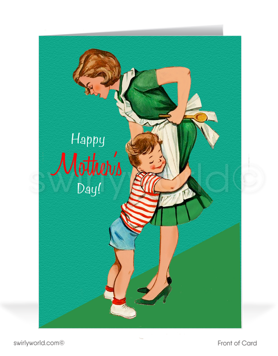 Celebrate Mother's Day with a touch of nostalgia with our exclusive greeting card, designed to convey your heartfelt appreciation in style. This card features a charming 1940s-1950s vintage illustration of a mother with her child lovingly embracing her bursting with adoring love and appreciation.