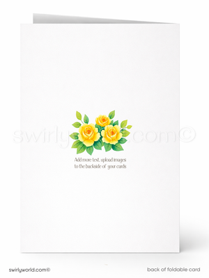 Back of a folded card with yellow roses design and text space.