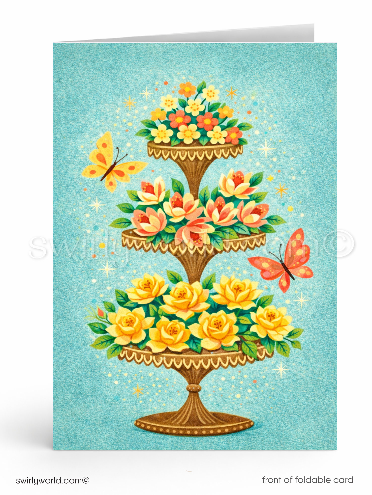 Floral tiered stand with flowers and butterflies on a blue Mother's Day card