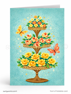 Floral tiered stand with flowers and butterflies on a blue Mother's Day card