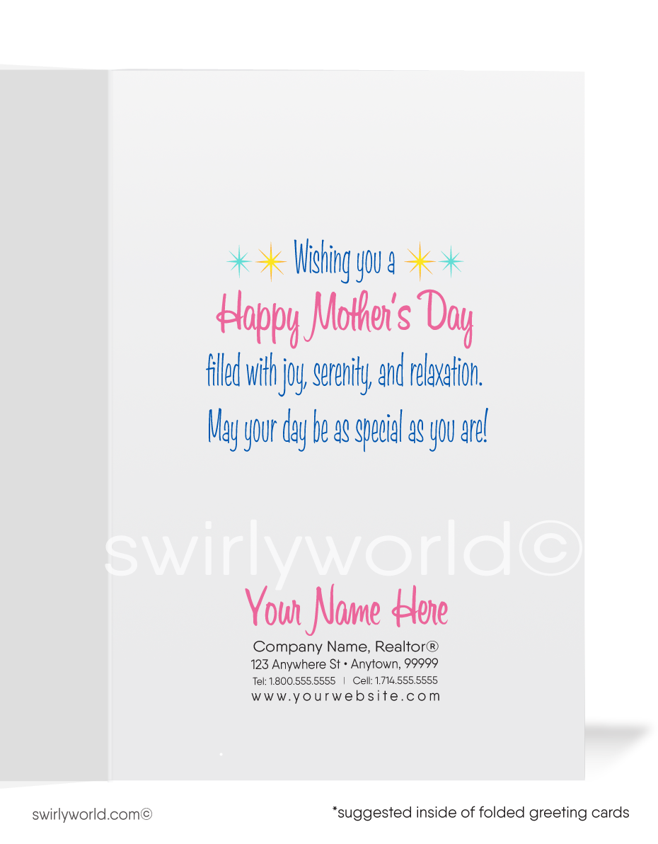 Adorned with a vintage 1940s-1950s kitschy illustration, the card depicts a delightful scene of a mother bird and her baby bird perched on a cherry blossom branch, with the mother bird complete with a hat decorated with pink springtime flowers.