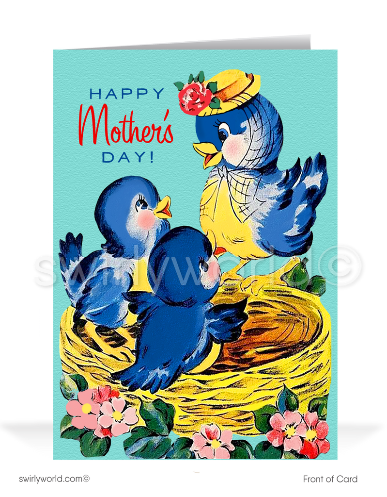 Celebrate Mother's Day with a touch of nostalgia with our exclusive greeting card, designed to convey your heartfelt appreciation in style. This card features a charming 1940s-1950s vintage kitschy illustration of a charming bird's nest with a Mother and Baby Birds inside.