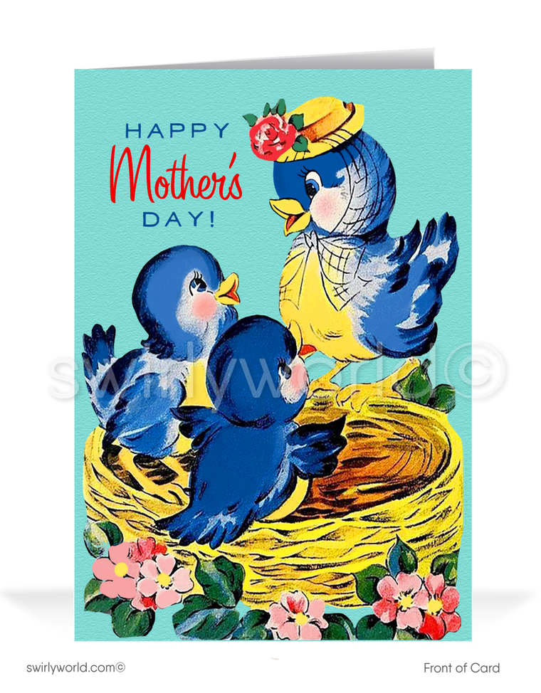 Celebrate Mother's Day with a touch of nostalgia with our exclusive greeting card, designed to convey your heartfelt appreciation in style. This card features a charming 1940s-1950s vintage kitschy illustration of a charming bird's nest with a Mother and Baby Birds inside.